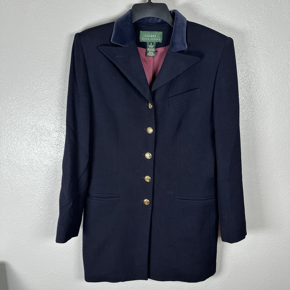 Vintage Lauren Ralph Lauren Blazer Womens 8 Long Blue Wool Gold Buttons Made USA